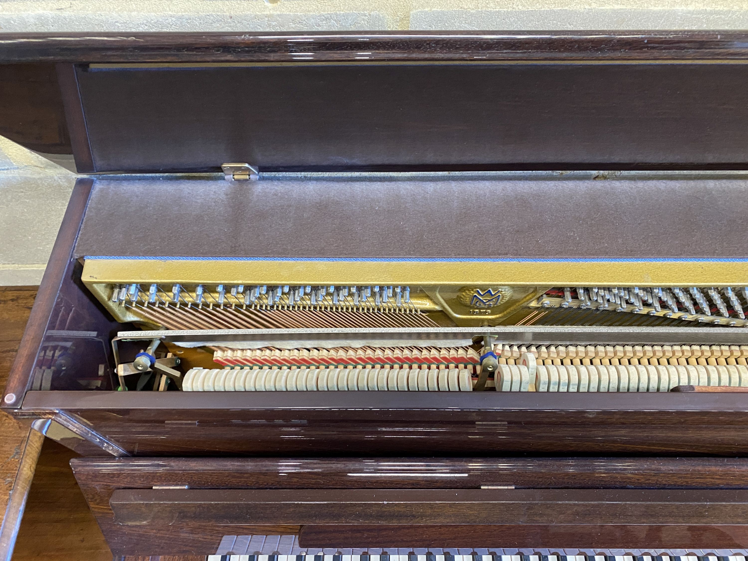 A Welmar mahogany cased upright piano and stool, circa 1986, piano - width 145cm, depth 57cm, height 117cm
